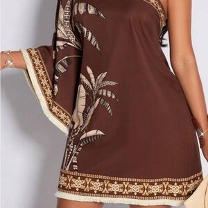 Brown One-Shoulder Dress with Palm Print